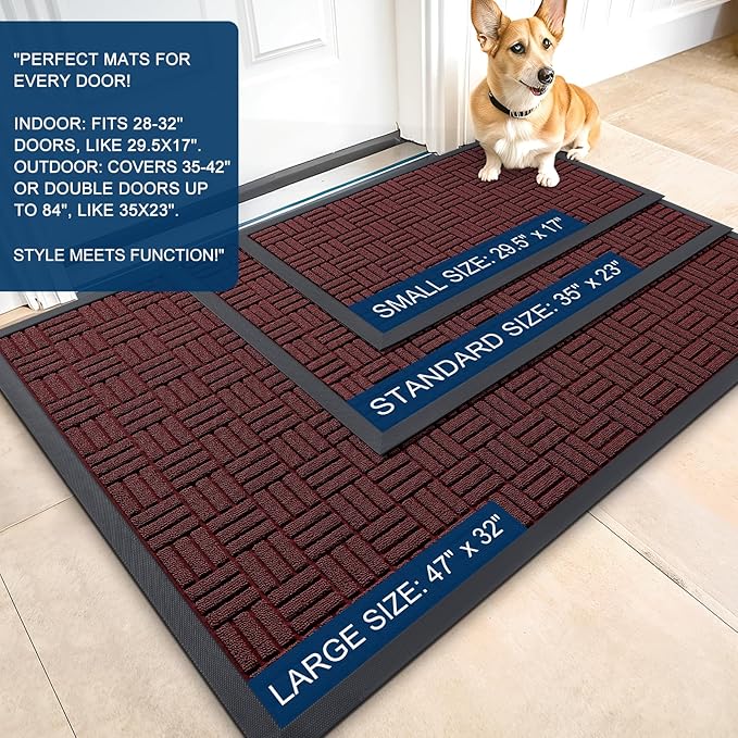 OLANLY Front Door Mat Outside Entrance 29.5x17, Absorbent, Heavy Duty Sturdy Natural Rubber Doormat Indoor Outdoor, Non-Slip, Stain and Fade Resistant, Low Profile Floor Mat for Entryway, Burgundy