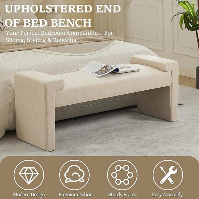43" Linen End of Bed Bench Upholstered Modern Bedroom Bench for Living Room & Entryway, Easy Assembly, Footrest Ottoman Accent Window Bench with Solid Wood Frame & Curved Arm, Tan