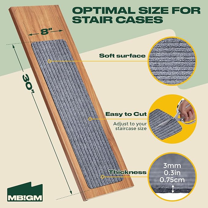 MBIGM 8" X 30" (7 in Pack) Non-Slip Carpet Stair Treads Non-Skid Safety Rug Slip Resistant Indoor Runner for Kids Elders and Pets with Reusable Adhesive - Light Gray