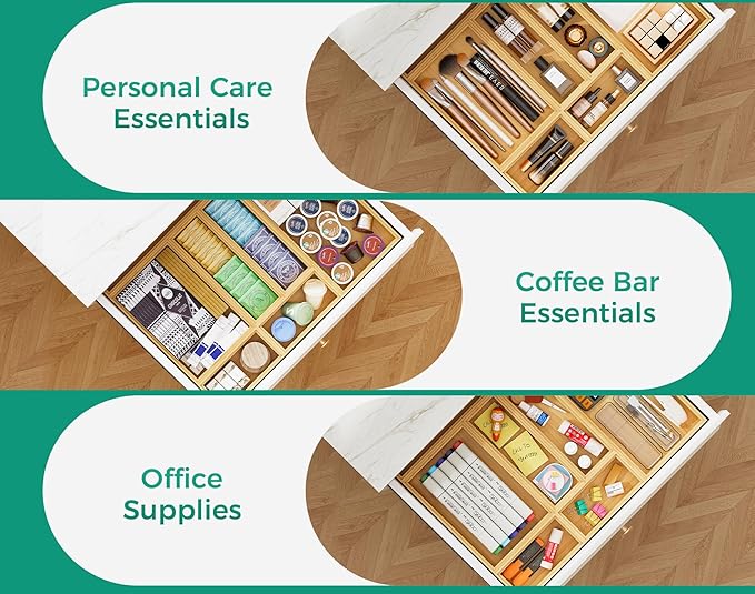 Small Bamboo Kitchen Drawer Organizer Boxes – 6" x 3" Stackable Wood Silverware Utensil Tray for Drawers Bins Cutlery & Flatware Storage – Wooden Organizers Set of 2 for Junk Drawer, Bathroom, Rv