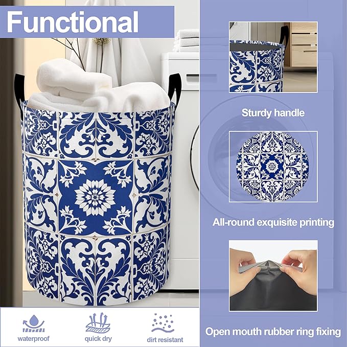 Blue Laundry Basket-Large Foldable Hamper Holder Portable Tall Collapsible Laundry Hamper Storage Basket Bin with Handles, Canvas & Waterproof lining for Household Items