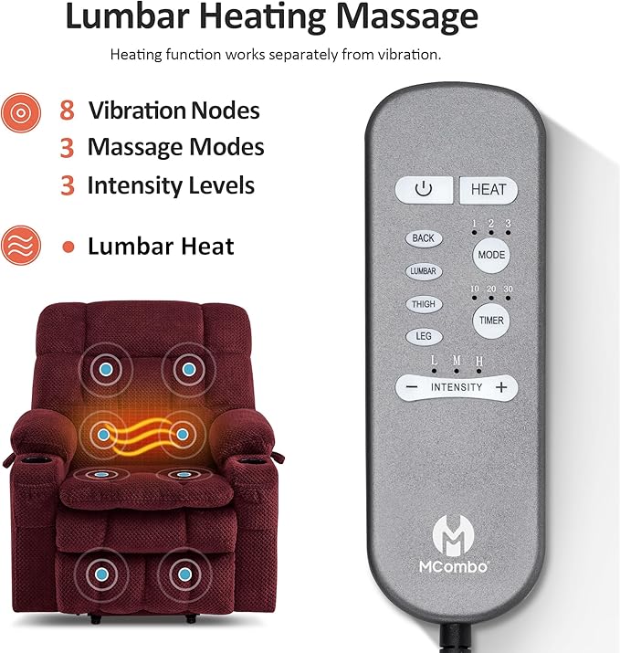 MCombo Dual Motor Power Lift Recliner Chair for Elderly, Lay Flat Lift Chair with Heat and Massage, Petite Lift Chair, Cup Holders, USB A&C Ports, Fabric 7893 (Small, Burgundy)