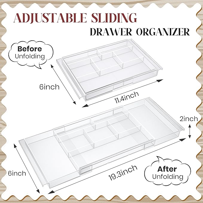 2Pack Shallow Expandable Drawer Organizer, Adjustable 12.5”–20” Clear Plastic Drawer Organizer Tray for Vanity Bathroom Desk Kitchen Drawers, Multi Compartment Storage