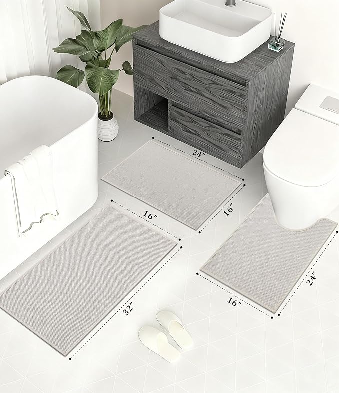 YIHOUSE Bathroom Rugs Mats Sets 3 Pieces Beige, Ultra Thin Bath Mat Absorbent Non Slip Bath Rugs for Bathroom Washable, Shower, Sink, Laundry (Beige, 3 Pieces)