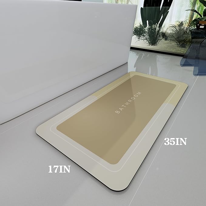 Bath Mat, Bathroom Mat Rugs Super Absorbent Shower Mats Non Slip Quick Dry Thin Rubber Mats for Bathroom Floor Fit Under Door, Shower Rug for Bathtub, Shower, Beige