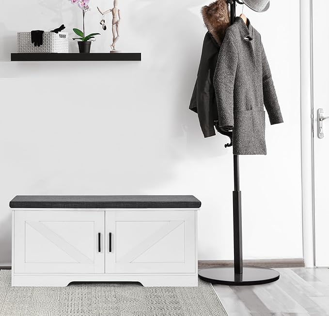 2-Tier Storage Bench, 39.4" Wide Shoe Bench with Padded Seat Cushion, Entryway Bench with 2 Barn Doors and Adjustable Shelf, White
