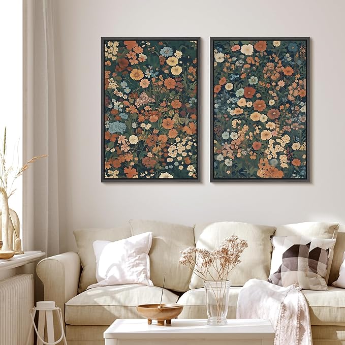 MUDECOR Framed Canvas Print Wall Art Vintage Floral Botanical Colorful Wildflowers Illustrations Modern Art Decorative Bohemian Colorful for Living Room, Bedroom, Office - 16"x24"x2 Black