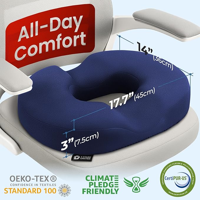 5 STARS UNITED Donut Pillow Hemorrhoid Tailbone Cushion – Large Cushion for Pain Relief – Coccyx, Prostate, Sciatica, Pelvic Floor, Pressure Sores, Pregnancy, Postpartum Recovery, Blue