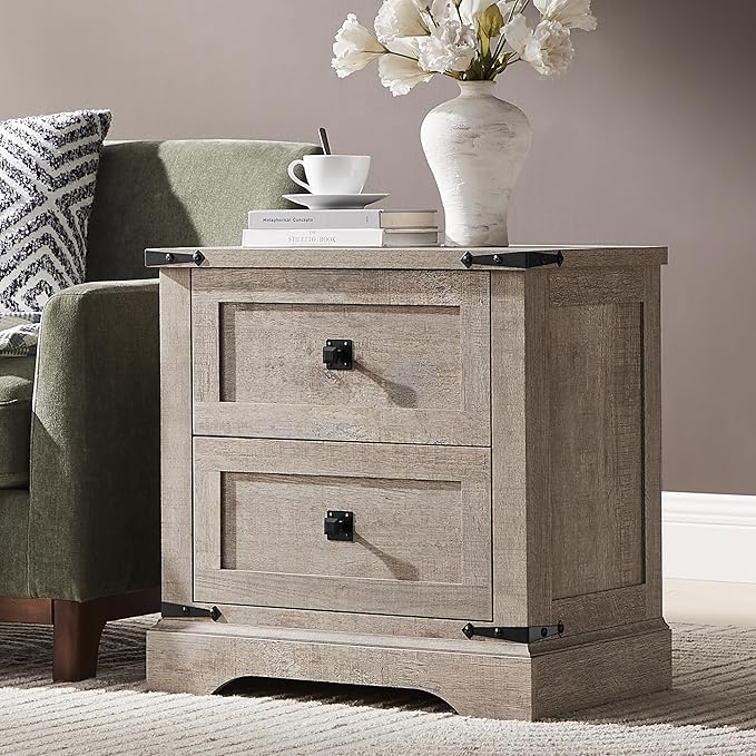 T4TREAM 24" Farmhouse Nightstand with Charging Station Set of 2, Large End Table with 2 Storage Drawers, Rustic Wood Sofa Bedside Table for Bedroom, Light Rustic Oak