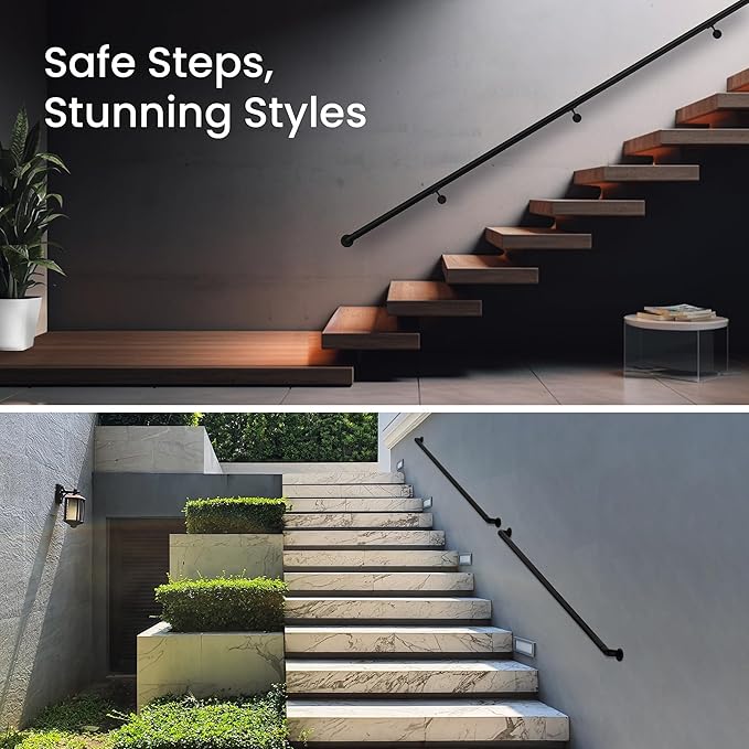 Meranti Aluminum Handrail for Stairs - ADA Compliant Wall Returns - Handrails for Indoor Stairs - Metal Handrail, Powder Coated for Outdoor Environment, DIY Handrail Kit (WHR, Black Textured, 9' L)