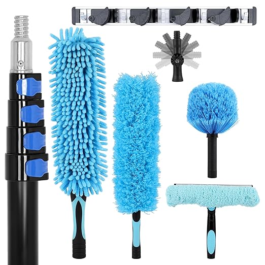 25 Foot High Ceiling Fan Duster with 5-18ft Extension Pole, Heavy Duty High Reach Duster Kit for Cleaning, Window Squeegee with Scrubber, Washable Dust Brush for High Roof and Glass Surfaces