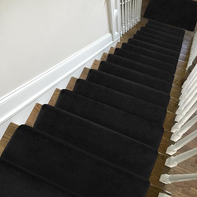 PURE ERA Carpet Stair Treads Ultra Plush 9.5" X 30"Soft Bullnose Indoor Stair Protectors Pet-Friendly Non-Slip Skid Resistant Tape Free Washable Reusable(7 Pieces,Black)