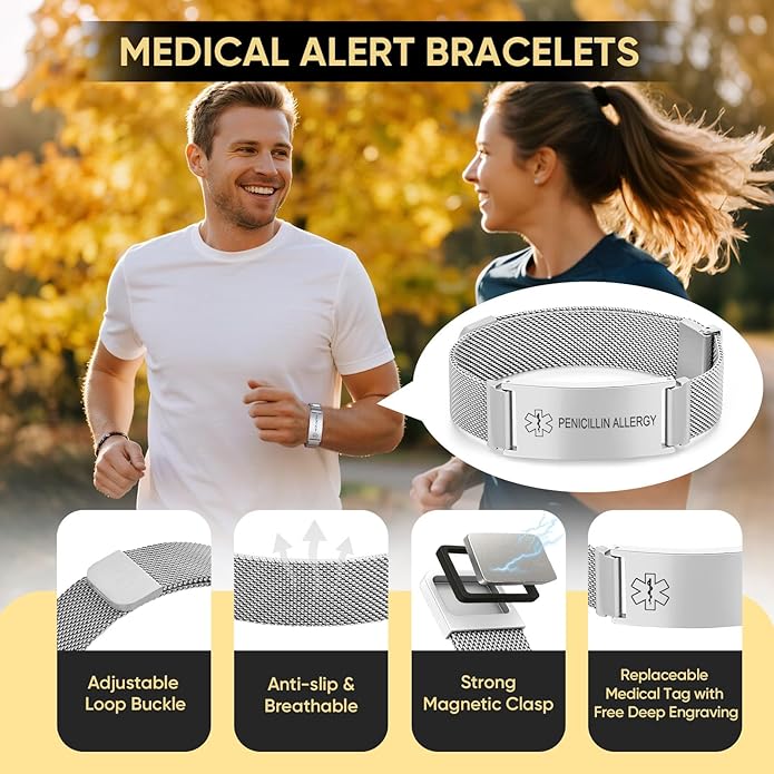 VNOX Medical Alert Id Bracelet for Men Women, Custom Engraving Adjustable Stainless Steel Customizable Mesh Emergency Survival Medic Bracelets Wristband Loop Band with Replacement Tag