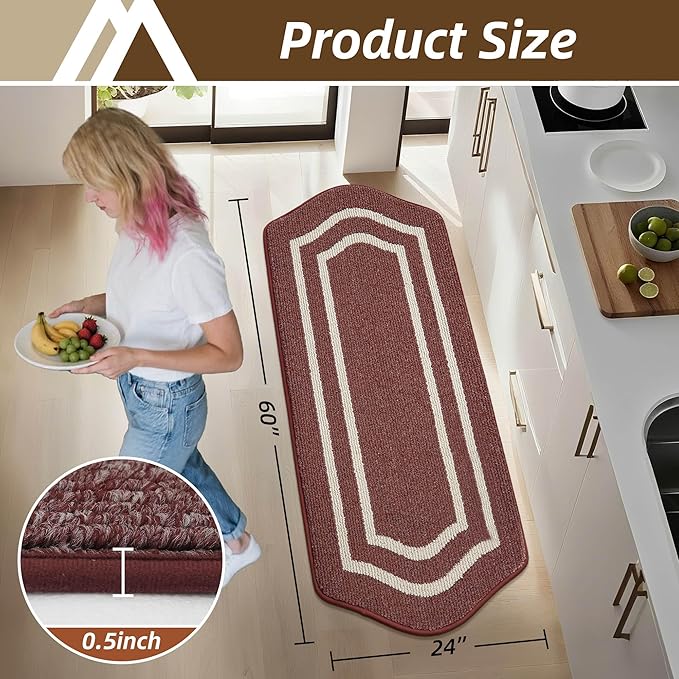 COSY HOMEER Long Kitchen Floor Mats for in Front of Sink Super Absorbent Kitchen Rugs and Mats 24"x59" Non-Skid Kitchen Mat Standing Mat Washable,Polypropylene,Red,Frame