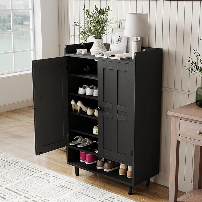 Entryway Shoe Cabinet with Doors, 6-Tier Farmhouse Shoes Storage Organizer with Adjustable Shelves Holds 18-25 Pairs and Metal Legs, Entryway Cabinet Organizer, Living Room (Black)