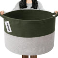 Large Storage Basket with Handle,19.7" L x 19.7" W x 13" H Blanket Basket Storage Bins for Organizing,65L Cotton Rope Woven Baskets for Living Room, Nursery ,Bedroom,Green&White