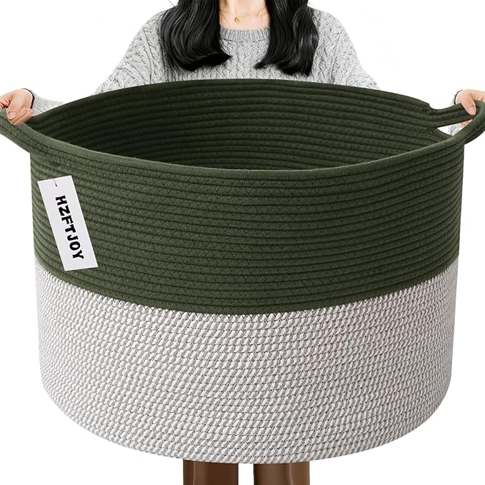 Large Storage Basket with Handle,19.7" L x 19.7" W x 13" H Blanket Basket Storage Bins for Organizing,65L Cotton Rope Woven Baskets for Living Room, Nursery ,Bedroom,Green&White
