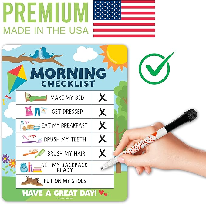 Magnetic Morning & Bedtime Routine Chart for Kids - Customizable Toddler Daily Schedule Board with Dry Erase Surface, Stickers & Marker, Build Habits with Visual Checklists, Colorful Doodle Theme