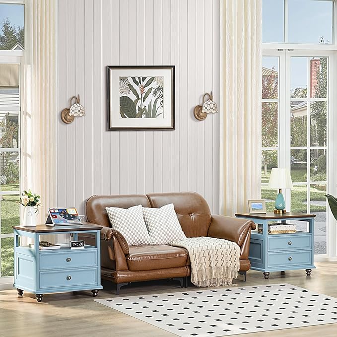 Farmhouse Nightstand with Charging Station, 24" Wide End Table with 2 Drawers, Light Blue Dresser for Bedroom,Wood Bed Side Table Chest of Drawers Cabinet,Night Stand for Living Room,Closet