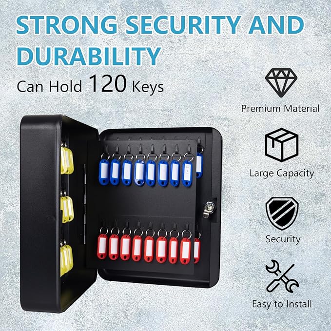 120 Position Key Cabinet with Combination Lock Wall Mount, Black Steel Locking Key Organizer Safe Security Storage Lockbox Holder for Valets, with Colorful Key Tag Labels Stickers and Hooks