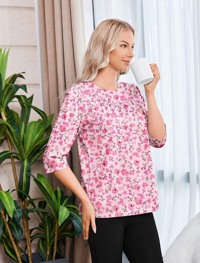 Deyeek Post Shoulder Surgery Shirt for Women Chemo Tear Away Shirt Snap Button 3/4 Sleeve Recovery Adaptive Clothing