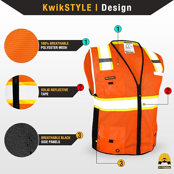 KwikSafety - Charlotte, NC - BIG KAHUNA Safety Vest [11 Pockets] Class 2 ANSI OSHA Reflective Vest Durable High Visibility Vest Construction Safety Vest for Men Industrial Work Gear/Orange 2XL
