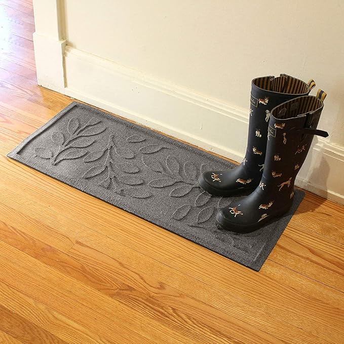 Waterhog Indoor/Outdoor Boot Tray Mat – Heavy-Duty Entrance Mat with Water Dam Technology for Mudrooms, Entryways, Patios, and Garages, Made in USA, Brittney Leaf Pattern, Medium Grey, 15 x 36 Inches