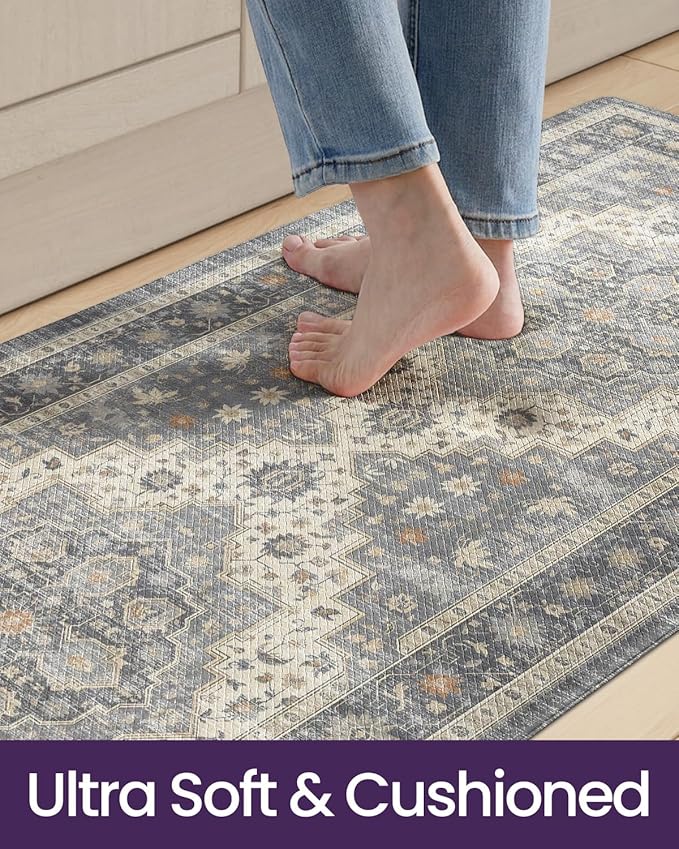 DEXI Kitchen Floor Mats Anti Fatigue, 17x59 Cushioned Vintage Runner Rug Waterproof, Standing Comfort Memory Foam Padded for Front Sink Laundry Office, Dark Grey