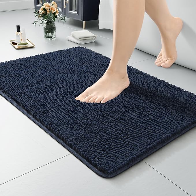LOCHAS Luxury Bathroom Rug Shaggy Bath Mat 20 x 30 Inch, Washable Non Slip Bath Rugs for Bathroom Shower, Soft Plush Chenille Absorbent Carpets Mats, Navy