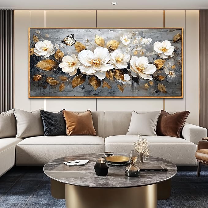 FUHAIHUA Wood Framed Canvas Wall Art For Living Room Large Wall Decor For Office Bedroom Decoration White Flower Pictures Farmhouse Painting Artwork Room Wall Mural Aesthetic Home Decor 32x72