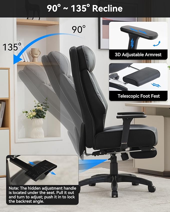 DJ·Wang Big and Tall Office Chair 400lbs with Foot Rest, High Back Executive Office Chair with Extra-Thick Spring Cushion, Ergonomic Leather Chairs Black