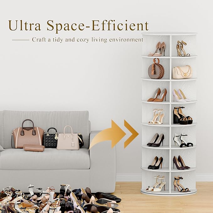 Wooden Rotating Shoe Rack, 7 Tier Spinning Shoe Rack Tower for Closet, Storage Organizer for Entryway, Bedroom, Living Room (Embossed White, 7 Tier)