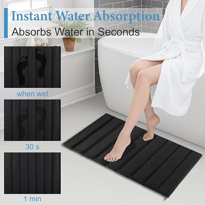 Ultra Quick Drying Stone Bath Mat Diatomaceous Earth Shower Mat Non-Slip Foldable Dish Drying Mats for Bathroom Floor, Kitchen Counter, Pet, 23x15, Black