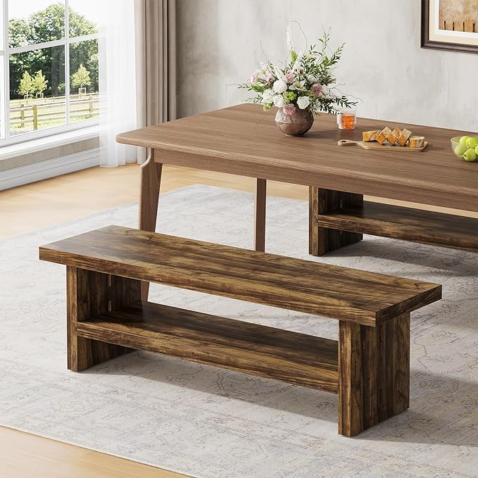 2 Tier Entryway Bench, 47.24" Shoe Bench, Rustic Shoe Rack, Wooden Storage Bench for Entryway Hallway Living Room Bedroom, Easy Assembly, Rustic Brown