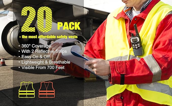 DUSKCOVE 20 Pack High Visibility Safety Vests with 2 Hi Vis Reflective Strips for Men and Women - Neon Orange Construction Vests for Traffic Work, Running, Surveyor and Security Guard