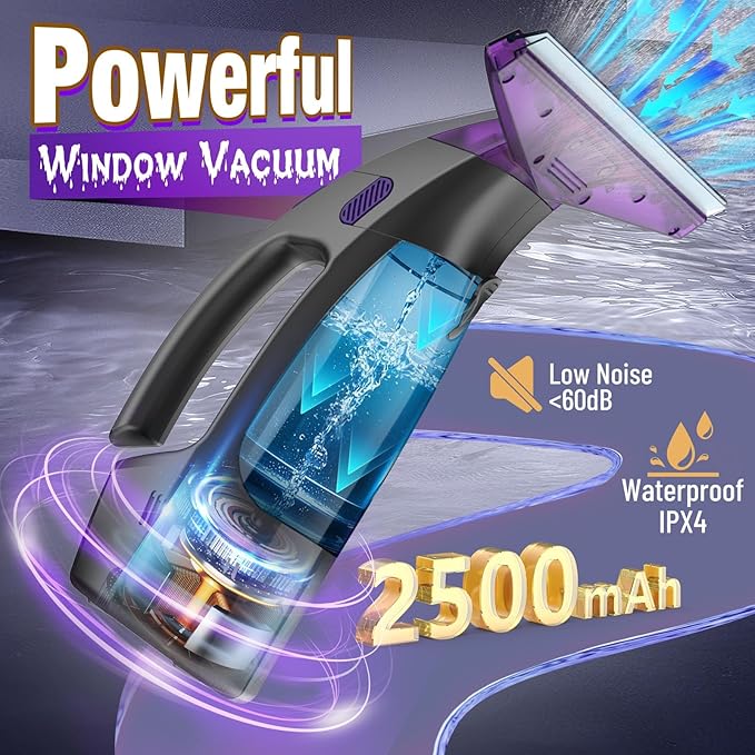 2000Pa and 2500mAh Electric Window Cleaner Tool with Gloves and 2 Cleaning Cloth, Window Vacuum Squeegee Cordless with 360ml Spray Bottle & 100ml Water Tank for Window, Mirror, Countertop, Tile