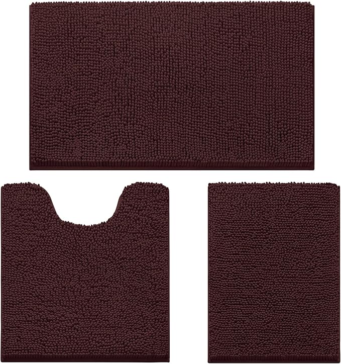HOMEIDEAS 3 Pieces Bathroom Rugs, Ultra Soft Non Slip Absorbent Chenille Toilet Bath Mat Set (Brown)