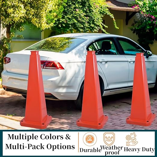 BESEA 3 Pack 28" Bright Orange Traffic Safety Cones with Weighted Base, High-Visibility Parking Cones for Driveways, Business Parking Lots, Garages, Indoor/Outdoor Use