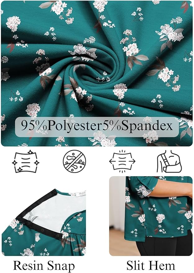 Deyeek Post Shoulder Surgery Shirt for Women Chemo Tear Away Shirt Snap Button 3/4 Sleeve Recovery Adaptive Clothing