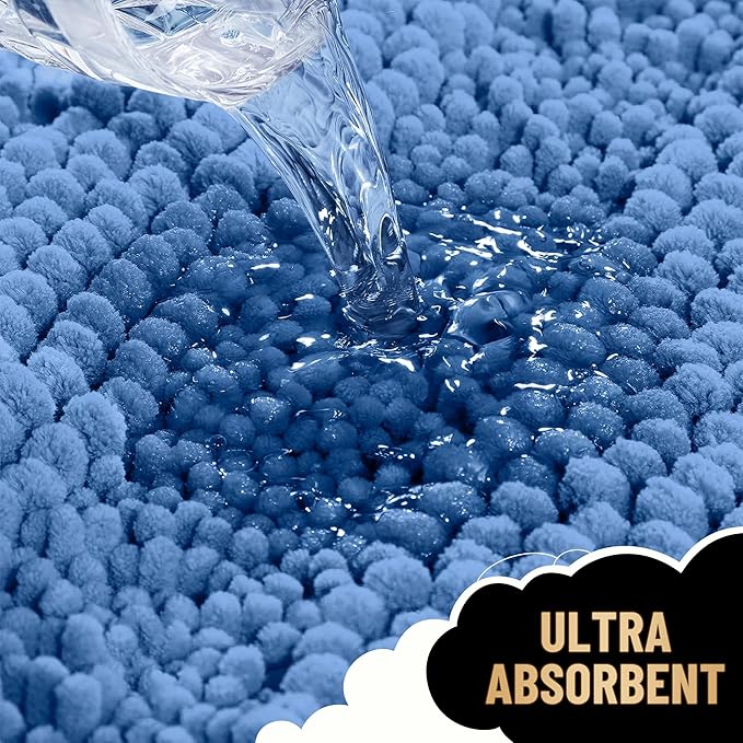 OLANLY Thick Bathroom Rugs 30x20, Extra Soft Absorbent Chenille Striped Bath Rugs, Rubber Backing, Machine Wash, Bath Mats for Bathroom Floor, Tub and Shower, Home Decor Accessories, Cornflower Blue