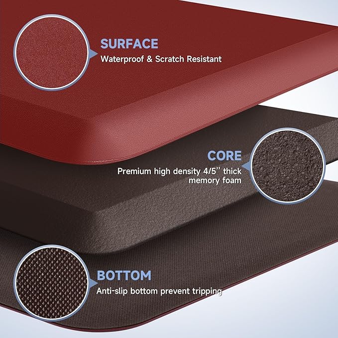 4/5 Inch Thick Kitchen Mat Anti Fatigue Mat Kitchen Rugs Kitchen Decor Non-Slip, Stain & Water Resistant, Kitchen Mats Desk Mat for Kitchen, Office, Workshop, Red, 17'' x 60''