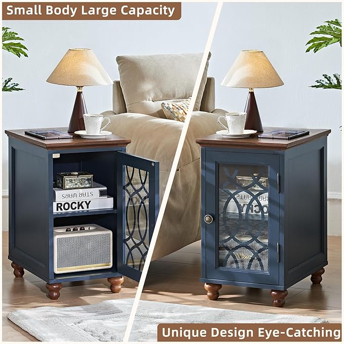 Narrow Side Table Set of 2 with Glass Door, 18 x 14'' Night Stand with Adjustable Shelf Storage Cabinet Organizer, Bedside End Tables Wood Nightstand for Small Spaces Living Room Bedroom