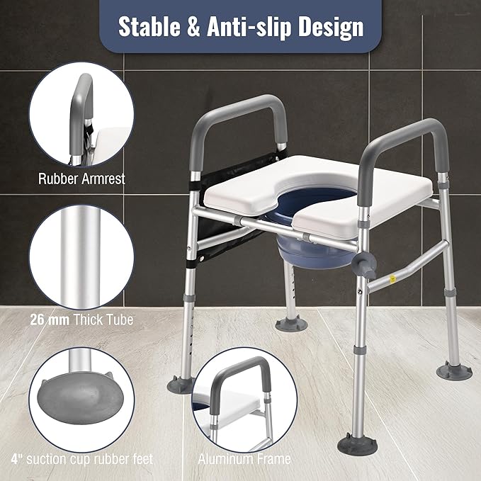 AW Raised Toilet Seat Riser Adjustable Height 16" to 21" Padded Bedside Commode Bedpan with Handles Aluminum 375 Lbs Capacity Fit Any Toilet for Elderly Seniors Disabled Handicapped