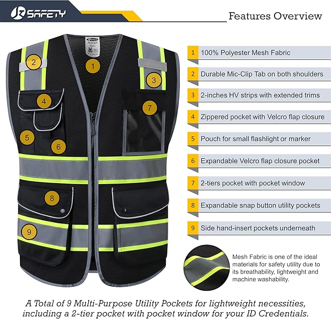 JKSafety 9 Pockets High Visibility Zipper Front MESH Black Safety Vest | Black with Dual Tone High Reflective Strips | ANSI/ISEA Standards (100-Black, L)