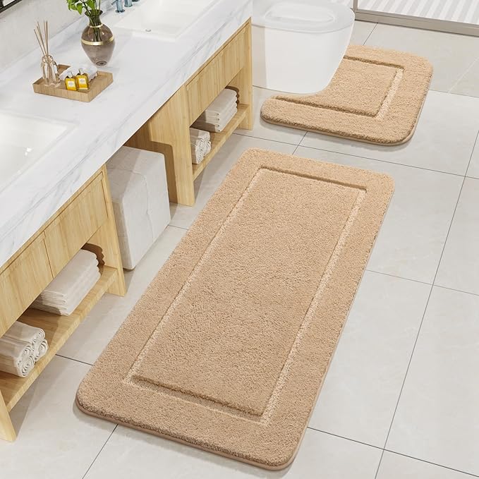 LOCHAS Bathroom Rug Set Beige, Soft Bath Rug Set 2 Piece, Toilet Mat U-Shaped 20x20 and 24x48 Bath Rugs, Quickly Dry Mats for Bathroom, Tub, Washable, Super Absorbent Floor Mat