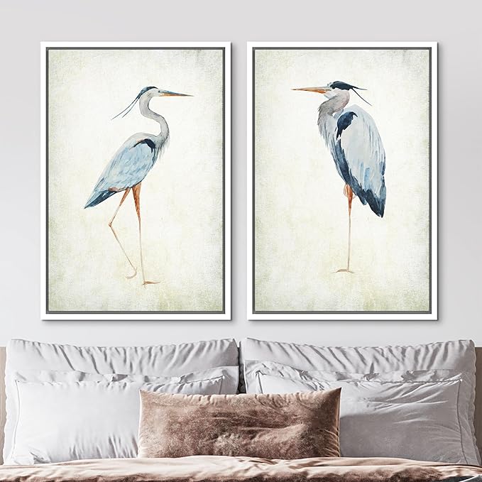 MUDECOR Framed Canvas Print Wall Art Heron Bird Illustrations Modern Art Decorative Bohemian Colorful Chic for Living Room, Bedroom, Office - 16"x24"x2 White