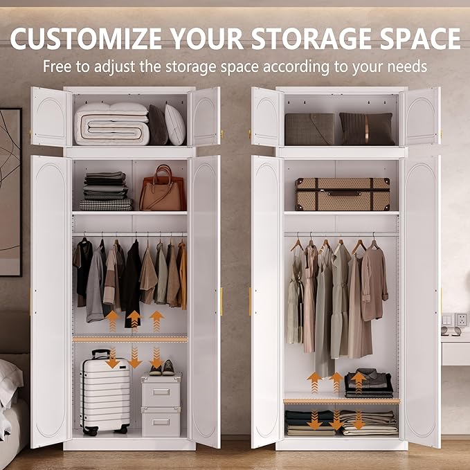 Armoire Wardrobe Closet with Hanging Rod, 86 Inch Tall Metal Wardrobe Cabinet, Metal Armoire with Doors, Large Freestanding Wardrobes for Bedroom, 18"D x 32"W x 86"H, White, Assemble Required