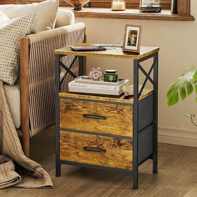 Huuger Night Stand with Charger Station, 2 Drawer Nightstand with Open Shelf, Bed Side Table with USB-C Port, End Table, Compact Size for Small Spaces, X Shaped Side Rail, Brown