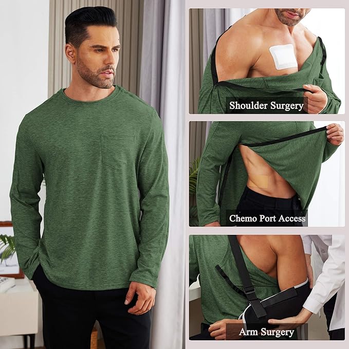 Deyeek Men's Post Shoulder Surgery Recovery Shirts Full Tear Away Long Sleeve Snap Chemo Port Access Shirt
