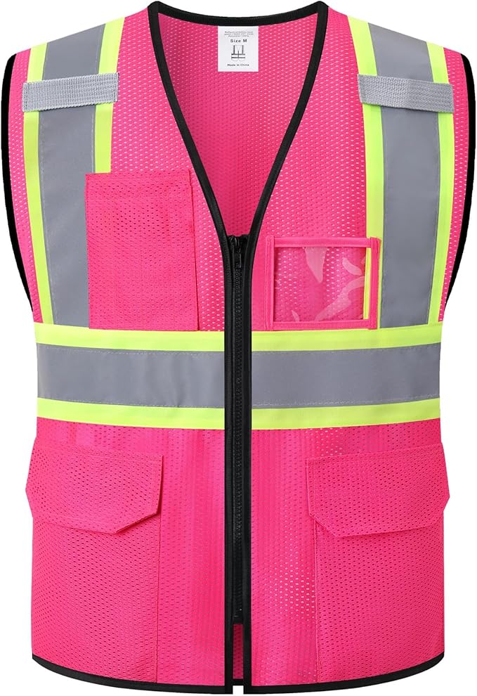 Reflective Safety Vest for Men Women Hi Vis Vest with Pockets High Visibility Vest Mesh Construction Vests Meets ANSI/ISEA Standards (Pink-33, X-Large)